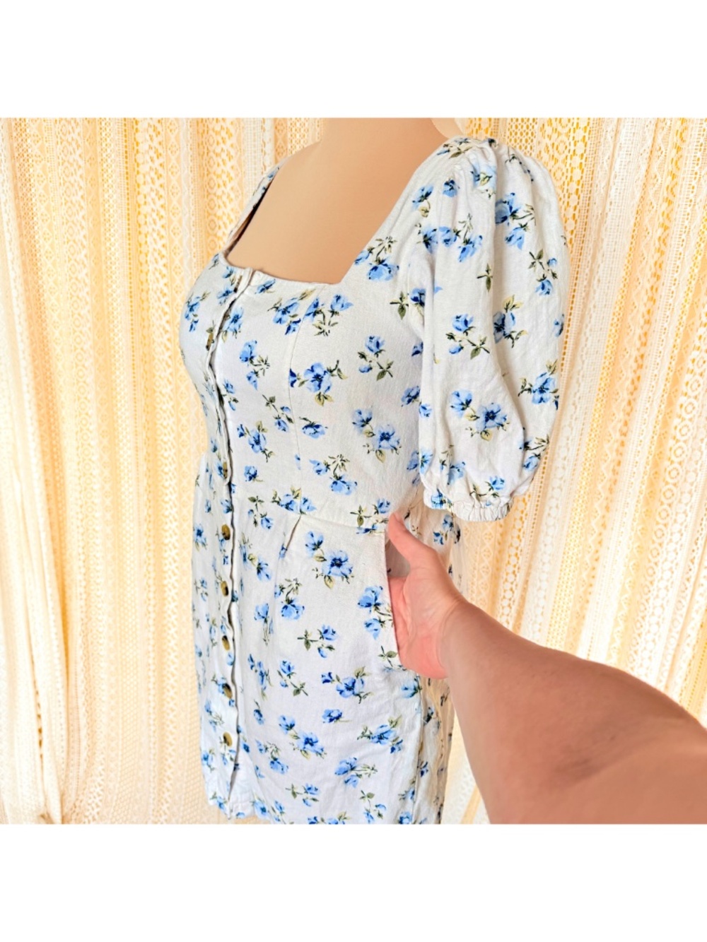 Linen Coquette Cottage Blue Floral Puff-Sleeve Mini Summer Dress Old Navy Sz M - Picture 8 of 17